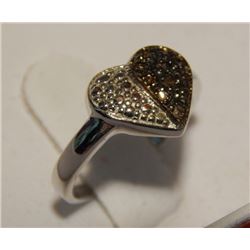 RING - STERLING SILVER DIAMOND HEART RING - SET WITH 11 CHAMPAGNE DIAMONDS - UNIQUE 50/50 COLORING -