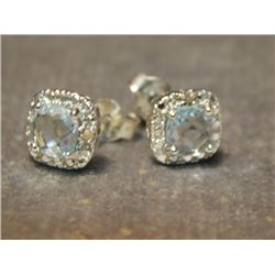 EARINGS - NEW - STERLING SILVER GENUINE BLUE TOPAZ AND DIAMOND EARRINGS - CUSHION CUT - POST AND BUT