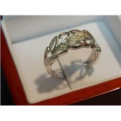 RING - STERLING SILVER - FILIGREE RING SET W/ 3 DIAMONDS - CHARMING LEAF FILIGREE DESIGN. - SUGGESTE