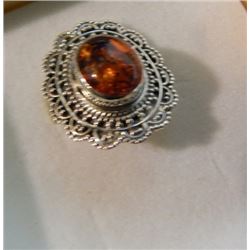 RING - CUSTOM MADE - ORANGE BALTIC AMBER RING - VICTORIAN STERLING SILVER SETTING