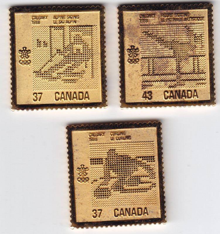 3 x 1988 Calgary Olympics Gold Plated Sterling Silver Postage Stamps By