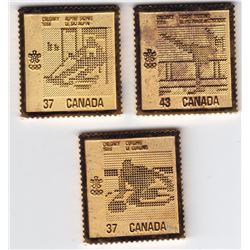 3 x 1988 Calgary Olympics Gold Plated Sterling Silver Postage Stamps By Canada Post