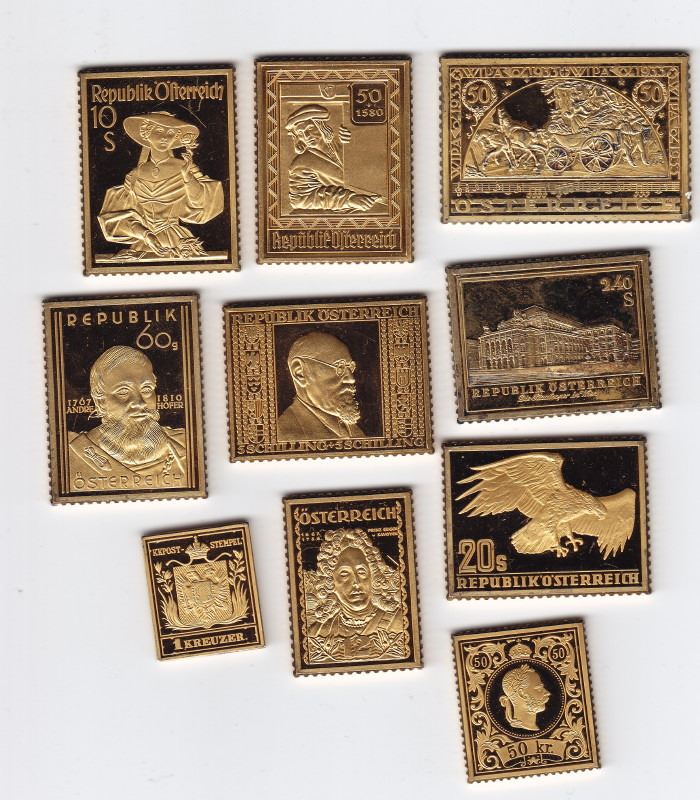 10 Gold Plated Sterling Silver Austrian Stamps 206.25 Grams ASW