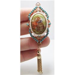 Unique Fashion Brooch - Faux Pearl & Turquoise Surrounding Vintage Drawing