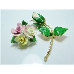 2 Gold Plated & Enamel Floral Brooches