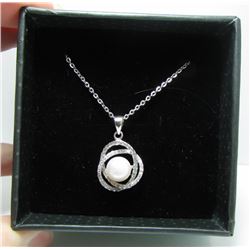 Sterling Silver Diamond Love Knot with Pearl Center & 18" Link Chain