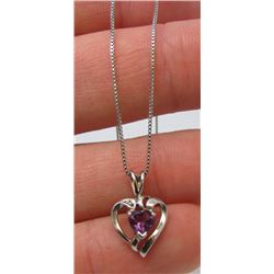 Sterling Silver Amethyst & Diamond Heart Pendant On 18" Chain