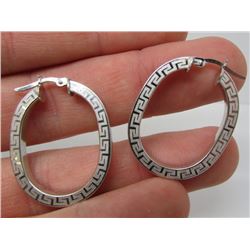 18 Kt White Gold Greek Key Satin Designed Oval Hoop Earrings