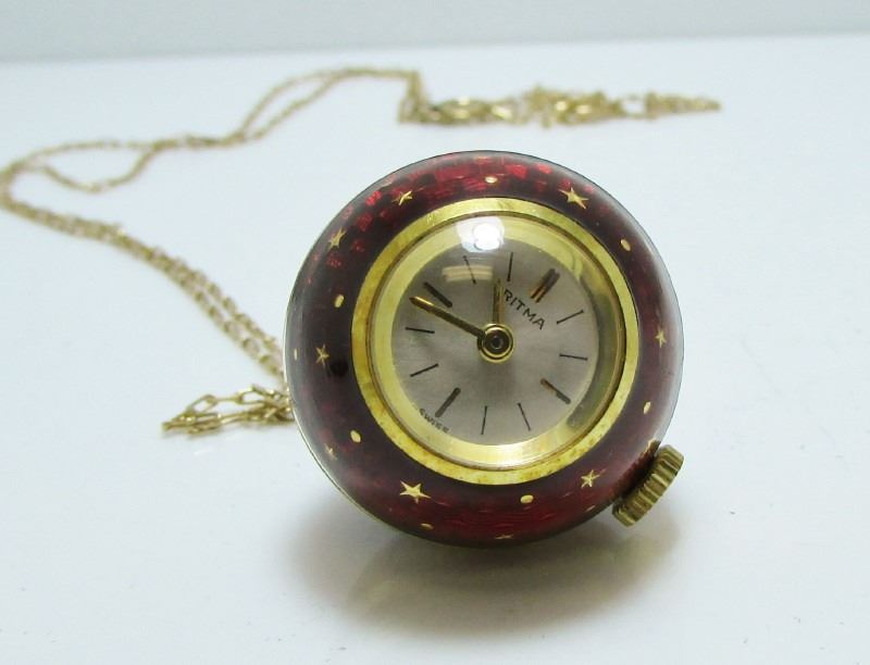 Vintage Gold Plated & Enamel Ritma Swiss Necklace Ball Watch