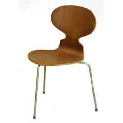 Stolar, 4 st, 3100 "Myran", teak, Arne Jacobsen för Fritz Hansen, märkt: FH Danmark, ben rostiga,...