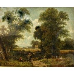 Circle of David Cox. Figures on a country lane, trees and a cottage in the back ground, oil on ca...