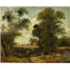 Image 1 : Circle of David Cox. Figures on a country lane, trees and a cottage in the back ground, oil on ca...