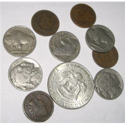 10 TOTAL U.S. COINS INCLUDES SILVER KENNEDY HALF DOLLAR/INDIAN HEAD CENTS & BUFFALO NICKELS!!