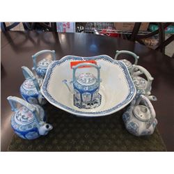 New - Blue ceramic bowl & 7 mini teapots