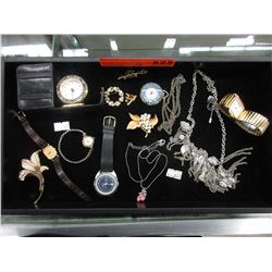 Tray of watches & costume jewelry - some vintage
