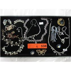 Tray of rhinestone & costume jewelry-some vintage
