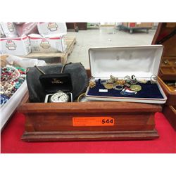 Wood box containing jewelry, purse & pocket watch