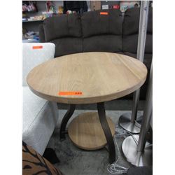 Round wood accent table with metal legs