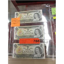 3 x 1973 Canadian $1 banknotes