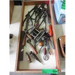 Vintage hand tools in wood tray