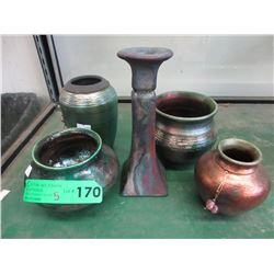 5 Glazed ceramic vases & candle stick
