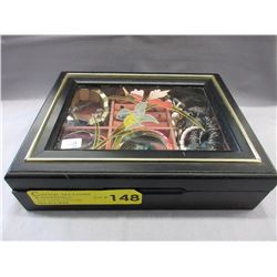 Wood & Glass Jewelry Box & Contents
