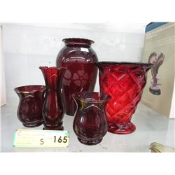 5 Ruby glass vases