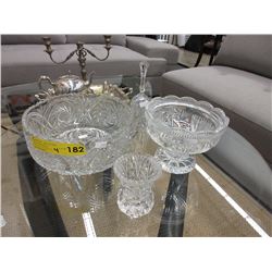 Glass bell, bowl & 2 vases