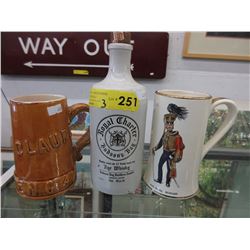 Hudson's Bay whiskey bottle & 2 tankards