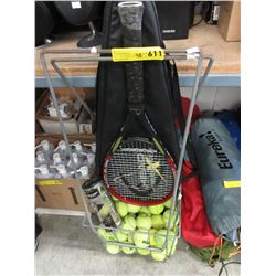 40 Tennis balls & a racket in carrying basket
