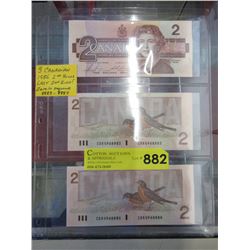 3 Canadian 1986 $2 bills - 2 in sequence