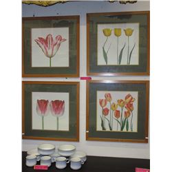 4 Wood framed flower prints - used
