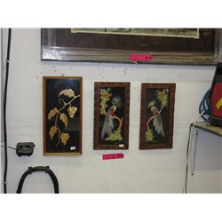 3 Vintage wall art - 2 Mexican feather pictures