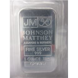 1 Troy oz. - "Johnson Matthey" .999 Silver Bar