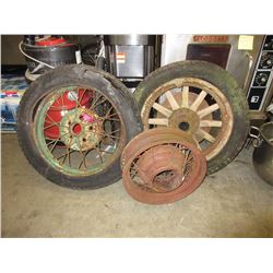 Three vintage automotive rims - 2 with tires