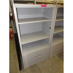 Metal storage shelf with lockable doors in base