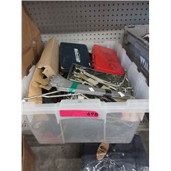 Tote of used tools & retail shelving accessories