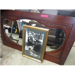 Vintage wood frame wall mirror & print