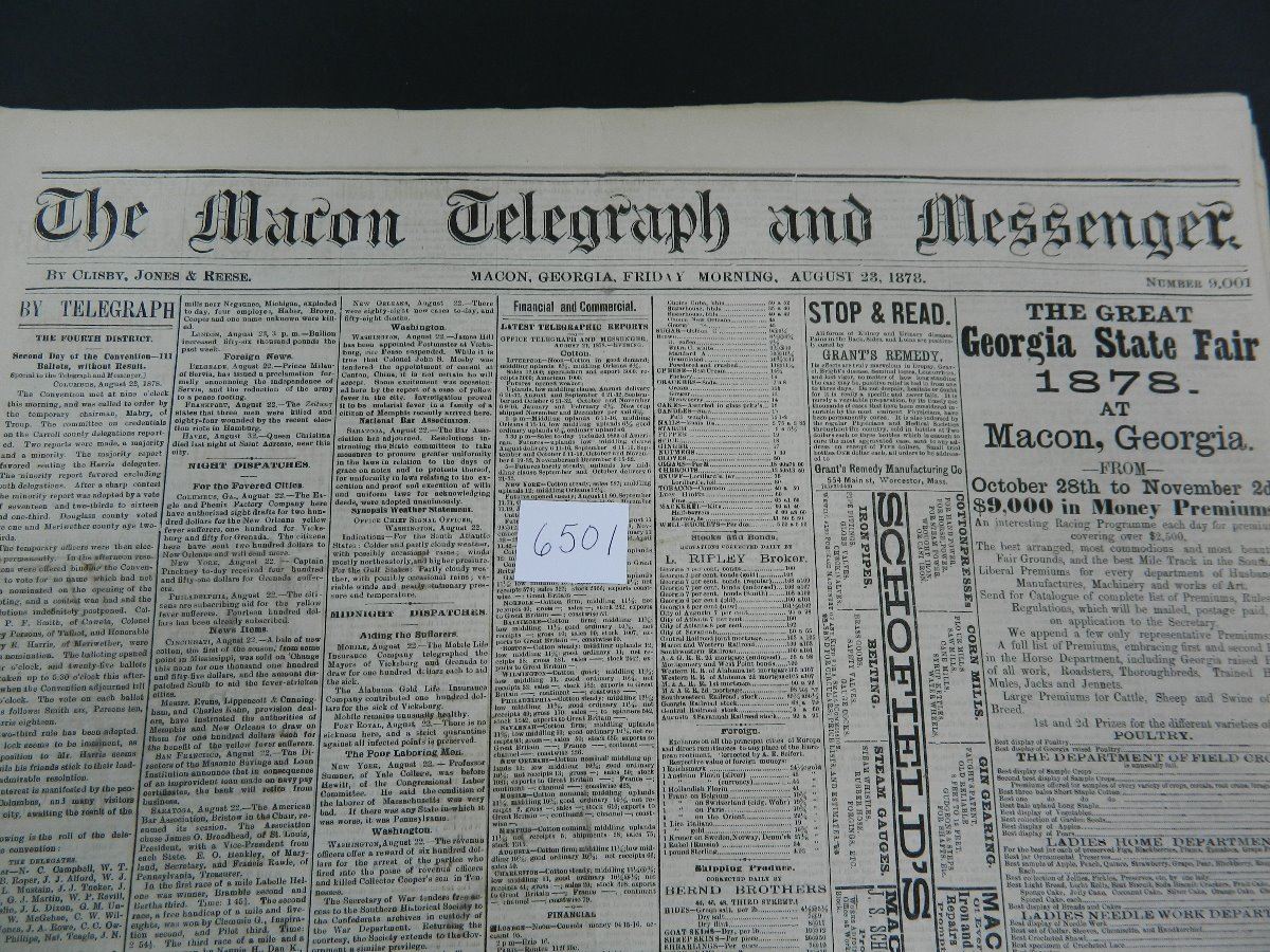 The Macon Telegraph & Messenger newspaper from the year 1878