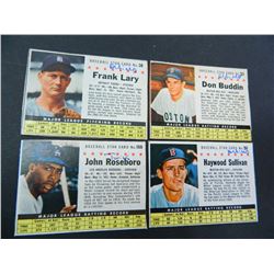 Four (4) 1961 Post Baseball Cards: #56 Haywood Sullivan, #38 Frank Lary, #166 John Roseboro