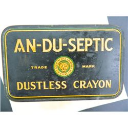 An-Du-Septic Dustless Crayon Tin, Crayola Crayons, Artista Water Colors, Very OLD Tin