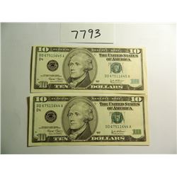 Two (2) Sequentially Numbered 2003 $10 Bills, UNC, All One Money, Nice estate Find!