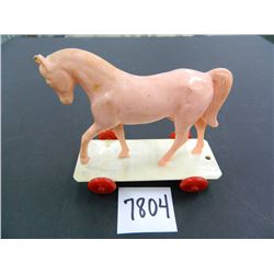 old plastic horse pull toy, needs cleaning, pink, 3.75"