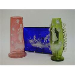 A MARY GREGORY STYLE OVER-ENAMELLED RUBY SLEEVE VASE, late 19th Century, a bottle green example w...