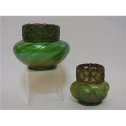A GREEN IRIDESCENT GLASS ROSE BOWL, early 20th Century, and a smaller example (2)  30-40...