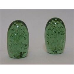 A PAIR OF GREEN GLASS DUMPY PAPERWEIGHTS, bubble inclusions, height 12cm (2)  40-60...