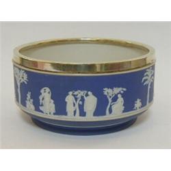 A WEDGWOOD DARK BLUE JASPER DIP FRUIT BOWL, late 19th Century, classical subjects, EPNS rim, diam...