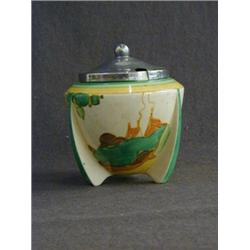 A CLARICE CLIFF BIZARRE PRESERVE POT, on tripod foot, 'Secrets' pattern, electroplated cover, hei...