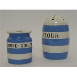 A T.G. GREEN BLUE CORINSH WARE STORAGE JAR AND COVER, 'Ground-Ginger', height 9cm, and a 'Flour'...