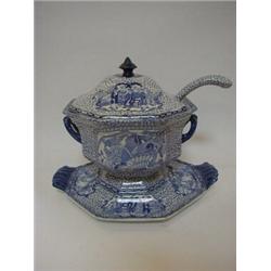 AN ADAMS BLUE TRANSFER SOUP TUREEN, cover, ladle and stand, Victorian, exotic birds and oriental...